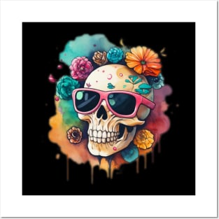 Happy skull with sunglasses colorful Posters and Art